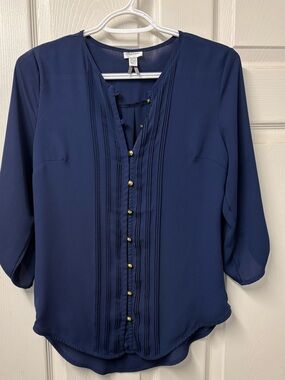 Dynamite Navy Pintuck Blouse with Gold Buttons